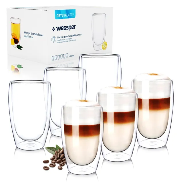 6x Wessper 450 ml Tazza Caffè Cappuccino In Vetro Tè Bevanda Calda doppio vetro