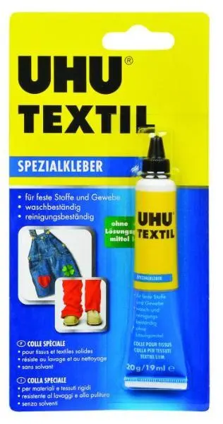 UHU Spezialkleber TEXTIL lösemittelfrei 20g Tube Textilkleber Stoffe Leder Geweb