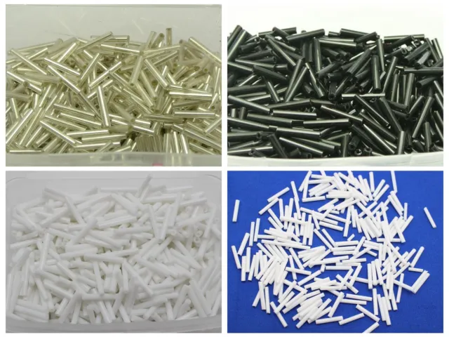 1000 Glass Tube Bugle Beads 2X12mm Opaque White Black White Silver-Lined + Box