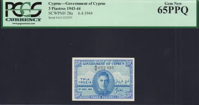 Cyprus 3 Piastres 1944 Pick-28a GEM UNC PCGS 65 PPQ Rare !