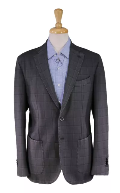 New! Neiman-Marcus by Lubiam Gray Windowpane Patch Pocket 2-Btn Wool Blazer 40R