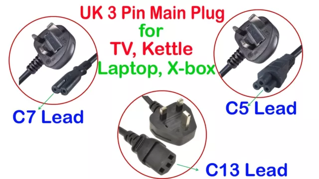 UK 3 Pin Main plug Power Cable Cord to C5 C7 C13 For PC Monitor TV Kettle Laptop