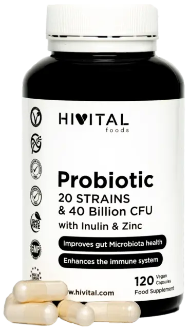 Probiótico 20 cepas 40 Mil Millones de UFC con Inulina y Zinc. 120 cápsulas