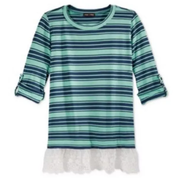 Max & Riley Girls' Layered-Look Roll-Tab Striped Top Color Mint / Navy Size L