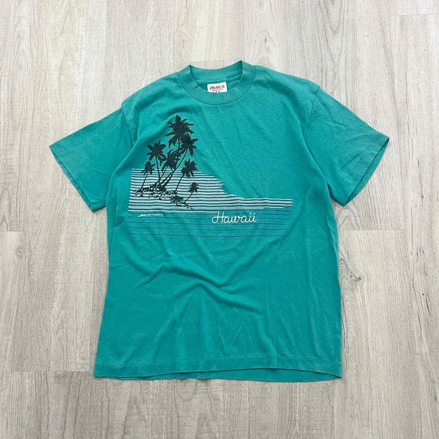 VINTAGE 80s Hawaii Palm Tree Single Stitch Shirt Size Large L Mens Teal 1980s