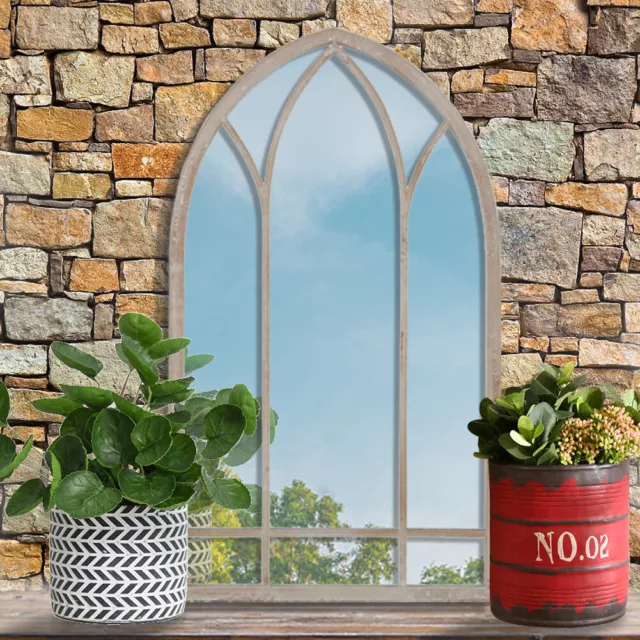 Large Rustic Wooden Window Style Arch Wall Mirror Garden Vintage Outdoor 48x83cm