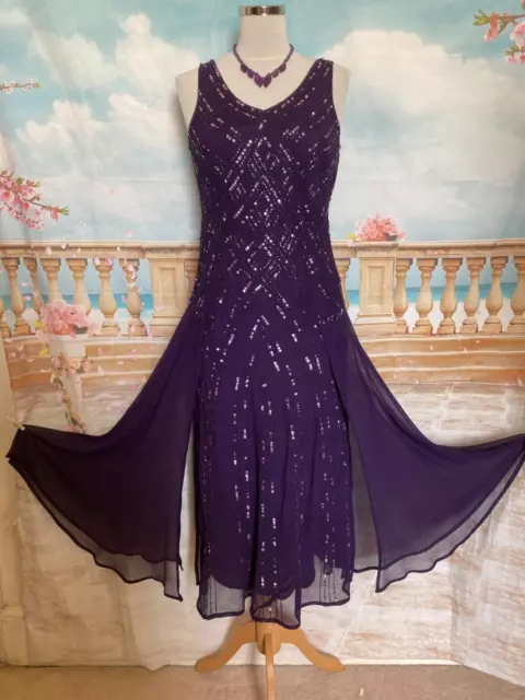 Evening Dress 10 Jacques Vert Purple Beaded Sequin Flapper 1920s Gatsby Ballgown