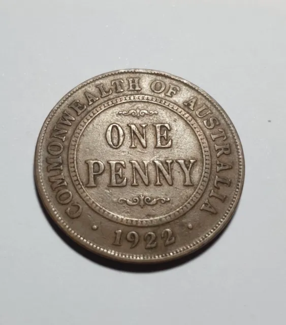 1922 - KGV One Penny, Vintage Year Date/Type Collectors Coin, F, Archived. #010