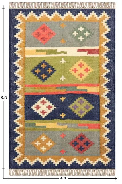 Wool Jute Blue Kilim Handwoven Bedroom Floor Mat Area Rug For Living Room 4x6 Ft 3