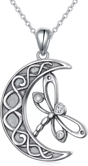 Sterling Silver Dragonfly Moon Necklace Pendant for Women Celtic Jewelry Gift