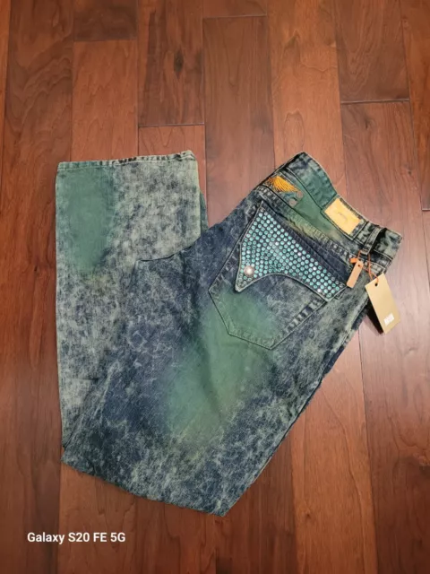 NWT Robin's Jean MOTARD w/Long Flap Studded Pocket in Blue & Green, Men's 42x34