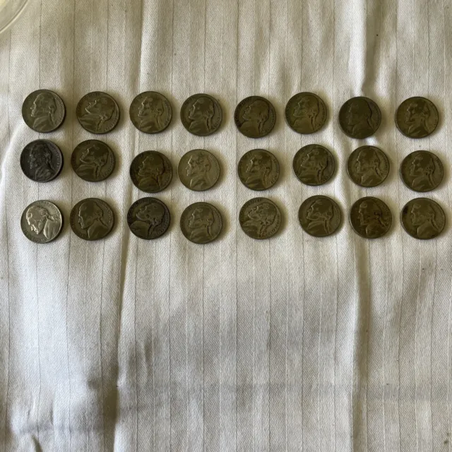Lot of 24 -Silver Jefferson 5C Five Cents War time Nickel Coins 1943,44,45
