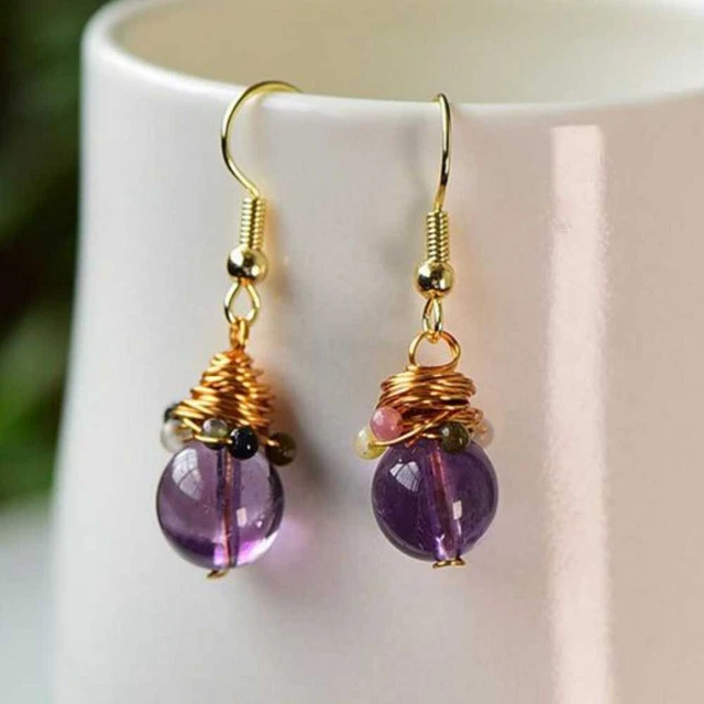 10MM Natural Amethyst Tourmaline Beads Earrings 18k Hook eardrop Easter Lucky