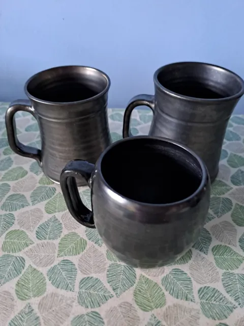 Vintage Prinknash Pottery Mugs in Gun Metal Grey x 3