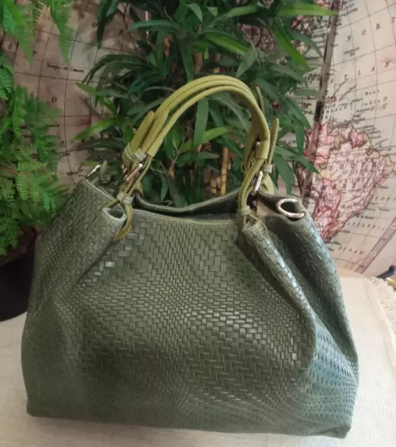 Borsa Vera Pelle stampa intrecciata Maxi bag mano tracolla verde oliva Italy Bag