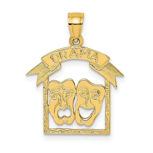 14k Yellow Gold Comedy Tragedy Drama Story Necklace Pendant Charm Art Theater