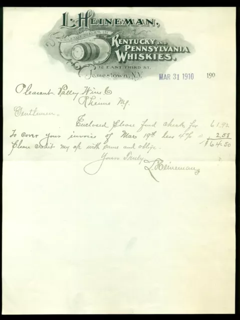 1888-1910 L. Heineman Kentucky Pa Whiskey Jamestown Pa Letterhead Lot
