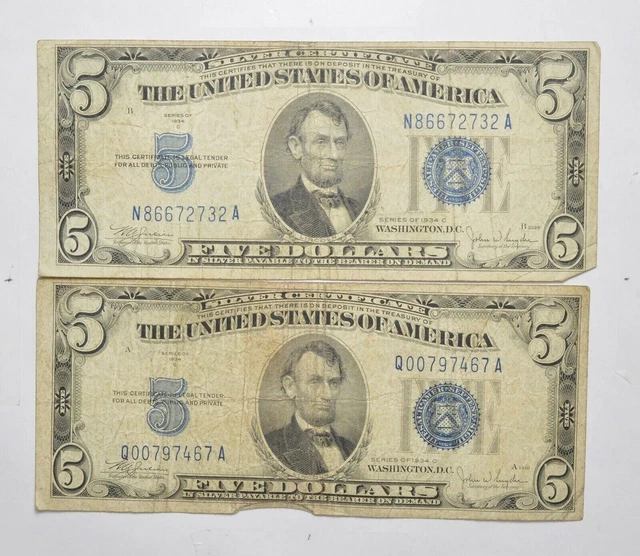 Lot 2 1934 $5.00 SILVER Certificate Blue Seal US Notes Currency Collection