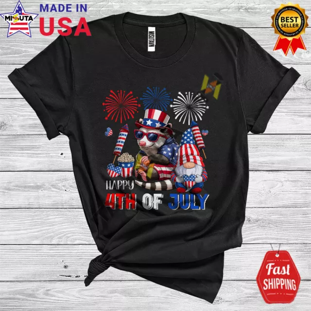 Happy 4th Of July, Lovely US Flag Opossum, Firework Gnomes Patriotic T-Shirt