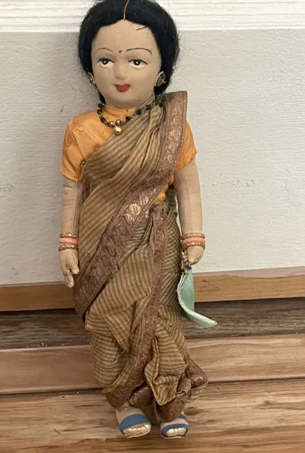 Vintage Handmade in India Cloth Bengali Maharashtrian Doll (1950s / 60s) 10”