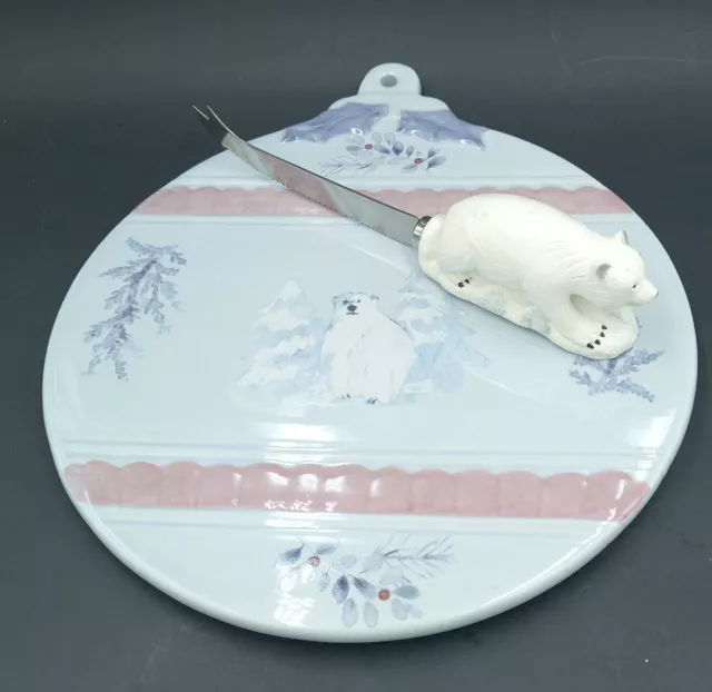 Pfaltzgraff Ceramic Winter Frost Cheese Tray ORNAMENT SHAPED Polar Bear Knife