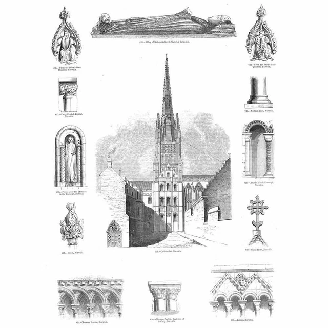 NORWICH CATHEDRAL Architectural Details and view - Antique Print c1870