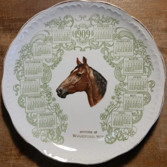 1909 Souvenir Advertising Calendar Plate Woodford WI Beautiful Horse Front
