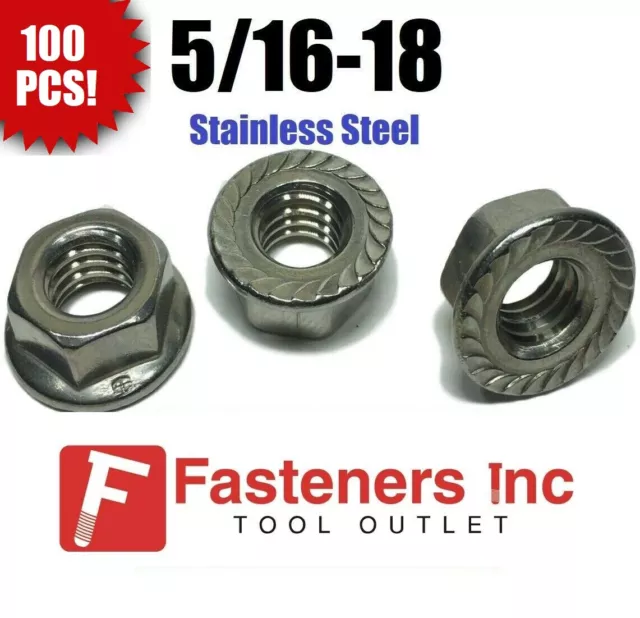 (Qty 100) 5/16-18 Stainless Steel Hex Flange Nut Locknuts Serrated