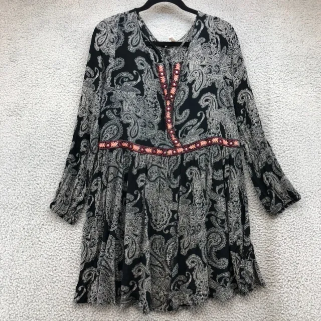 Xhilaration A Line Dress Black White Paisley Long Sleeve Short V Neck Womens XL