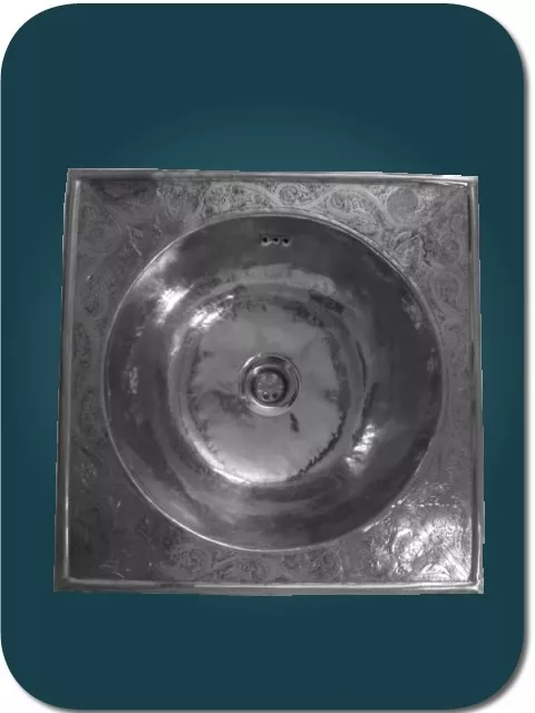 Vasque Marocaine En Maillechort Gravee 38X38_Cuivre_Metal Argente_Lavabo Design