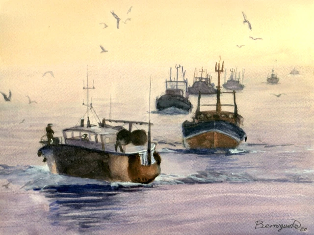 PINTURA a la acuarela ORIGINAL de BERRUGUETE Regreso de la flota. Aquarell, ARTE