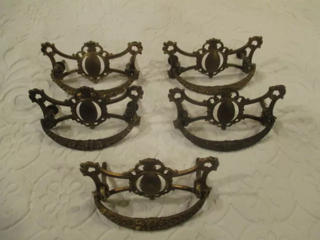 Vintage Lot Of 5 Ornate Brass Drop Bail Drawer Pulls 3" centers