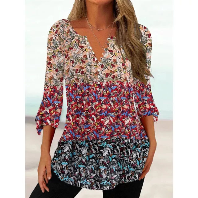 Women Summer Floral V Neck Tunic Tops Casual Loose 3/4 Sleeve Blouse T Shirt 3