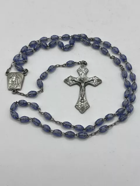 Rosary Our Lady Of Lourdes Blue Beads Silver Tone Crucifix And Chain