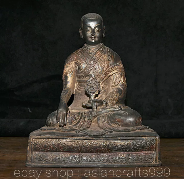 8" Antiker Tibet Buddhismus Tempel Bronze Lama Meister Buddha Statue Skulptur