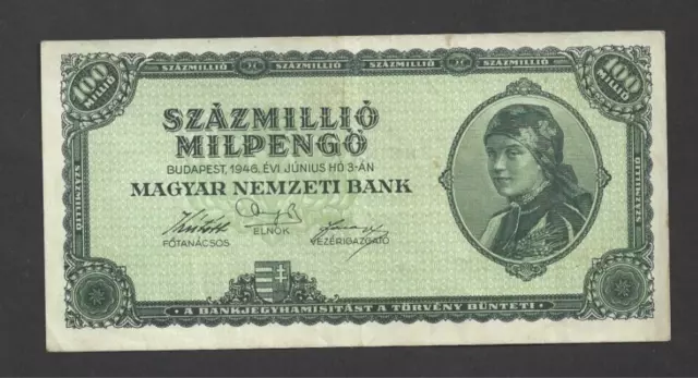 100  000 000 Milpengo Very  Fine Banknote From  Hungary  1946  Pick-130