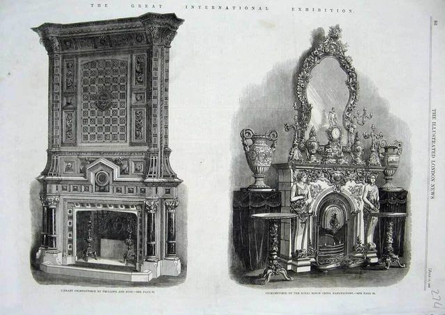 Original Old Antique Print 1862 Library Chimneypiece Trollope Saxon Manufactory