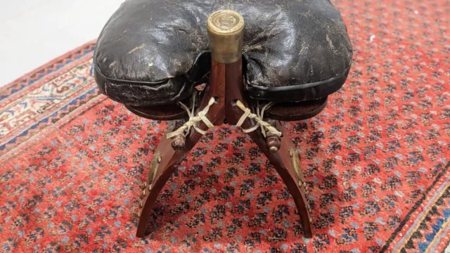 VTG Egyptian Camel Saddle Seat Ottoman Foot Stool Black Leather Wood Bench Boho 3