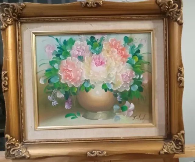 Vintage oil painting on canvas still life flowers in vase signed framed