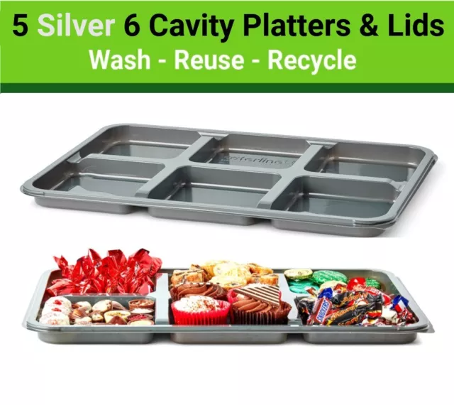 5 Large Silver Grey 6 Cavity Platters + Clear Lids - Perfect For Party Food!