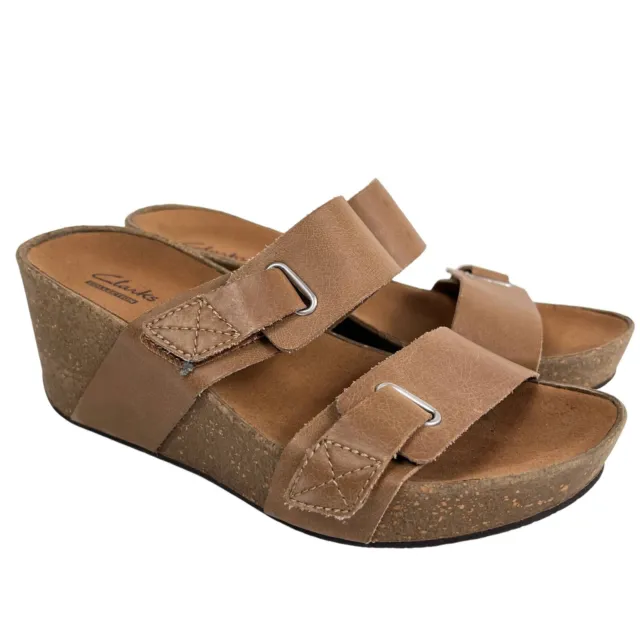 Clarks Auriel Till Beige Brown Leather Cork Slide Wedge Sandals Womens Size 6.5M