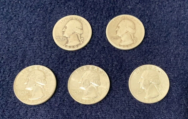 Lot of 5 90% Silver Washington Quarters; 2 - 1939-P, 2 - 1964-D, 1 - 1964-P