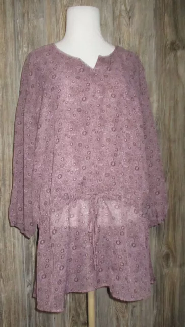 Faded Glory Tunic Top Blouse Women's XXL 20 Purple tie waist Floral 3/4 Sleeve