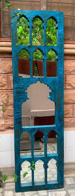 Grand Cadre Miroir Mural En Bois Peint Bleu - Vintage - Déco Maison Inde