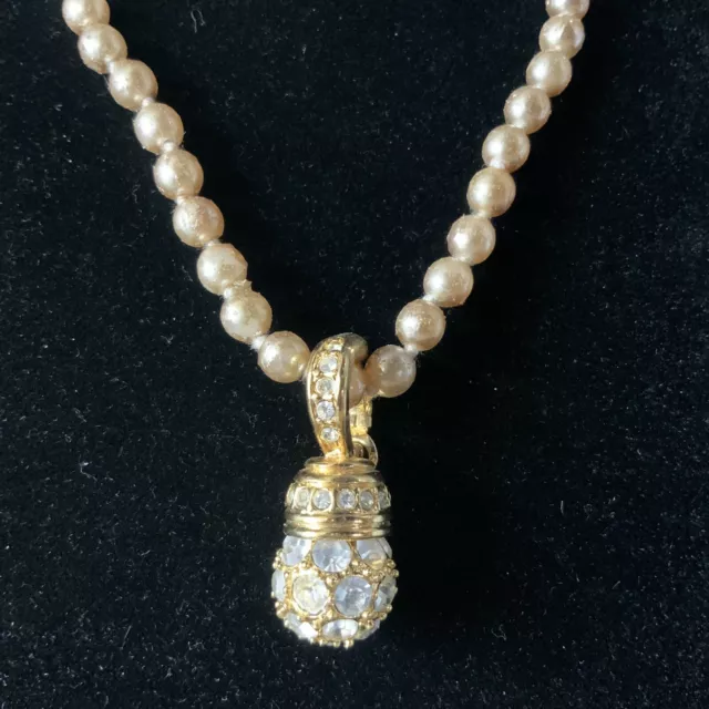 26” Signed NOLAN MILLER Faux Pearl Gold Tone Rhinestone Pendant Necklace