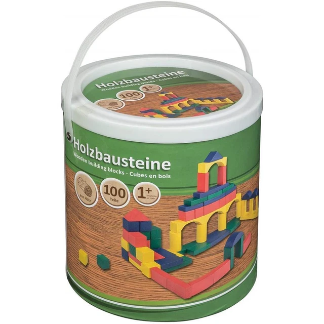 Idena Holzbausteine 100 Stück im Eimer Bauklötze Bausteine Spielzeug Holz Kinder