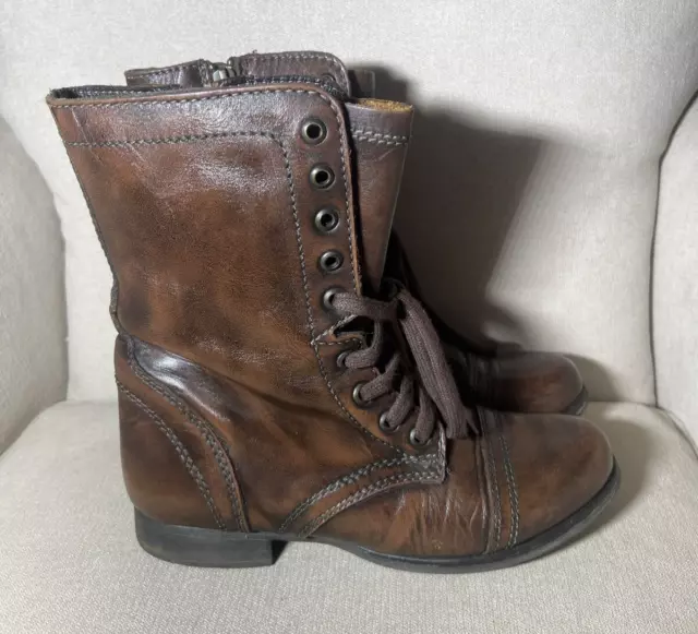 Steve Madden Troopa Combat Boots Women's 7.5 M Brown Leather Cap Toe Lace Up Zip