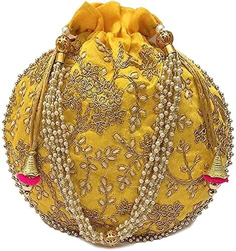 Ambiente Stile Etnico Donna Borsa Potli Cinturino con Perle & Ricamo (Giallo)