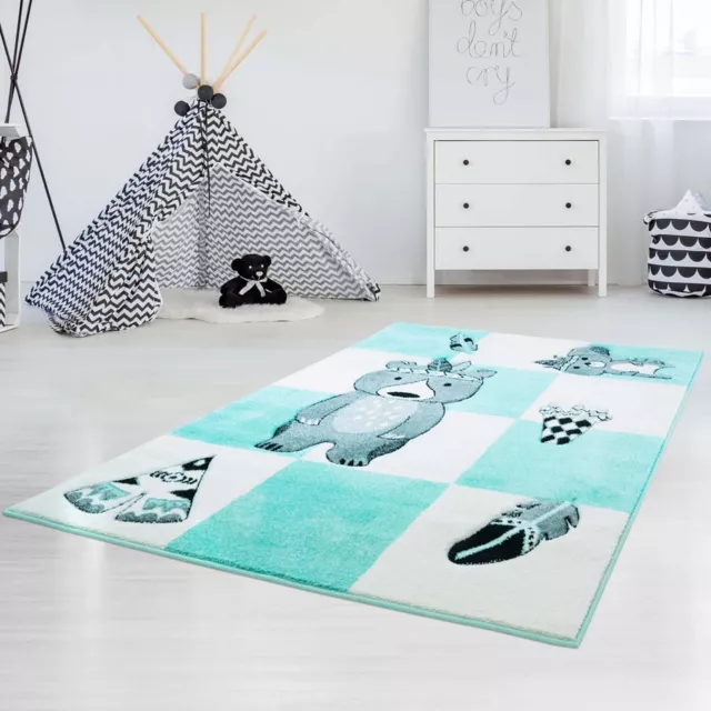 Kinderteppich Alfombra Alta Calidad Habitación Indianer-Bär Tipi Pastell-Türkis