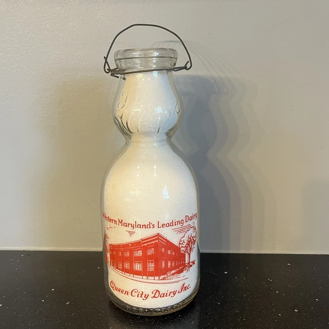 QUEEN CITY DAIRY Maryland QT Cream Top Glass Milk Bottle RED Pyro. With